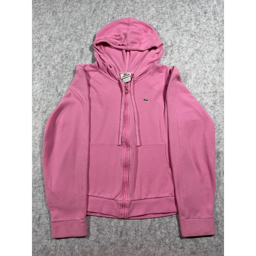 Lacoste Hoodie Sweatshirt Womens 46 XL Pink Full Zip Cotton Logo Pockets